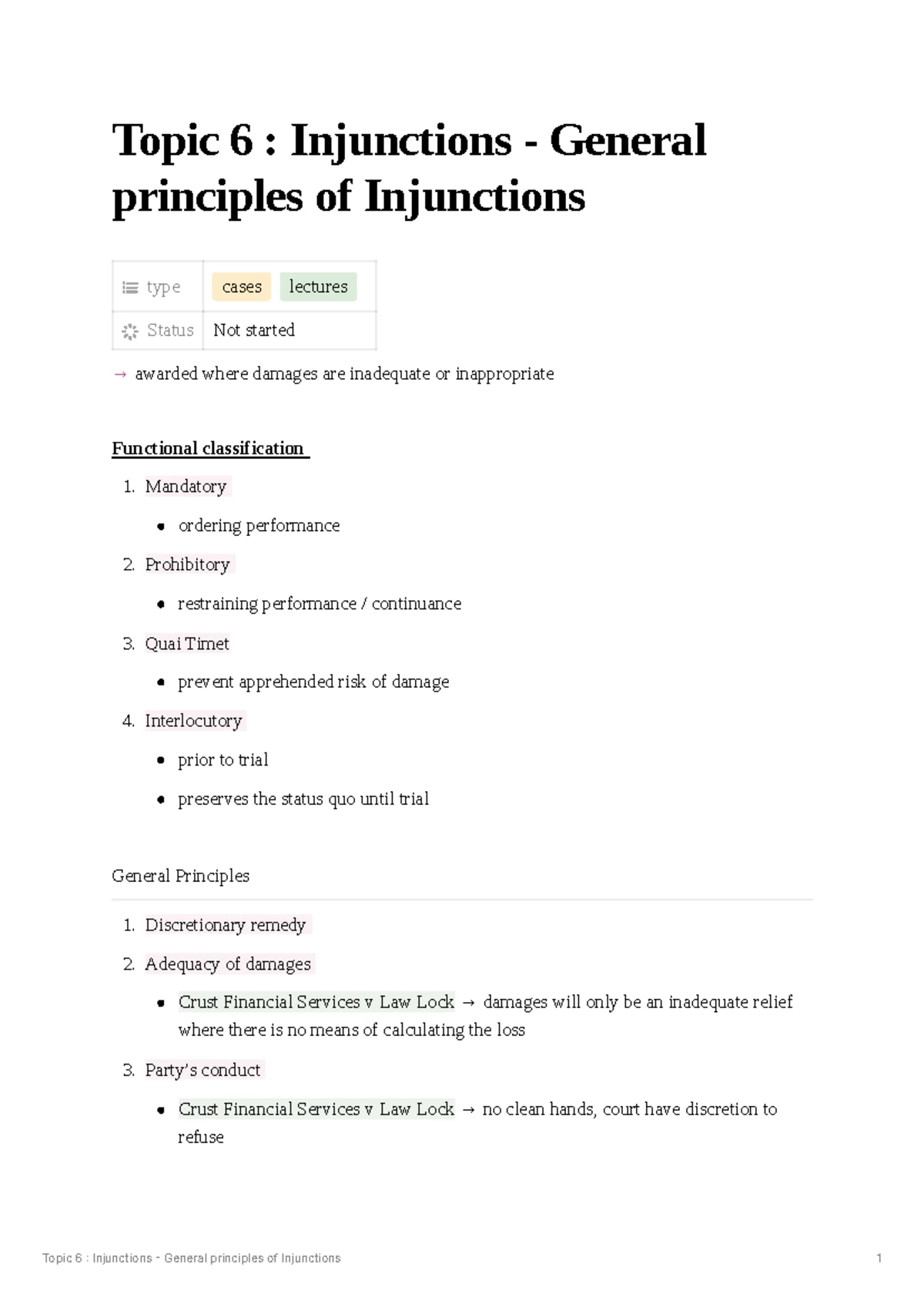 Topic 7: Specific Performance & Equitable Defences Lectures - Studocu