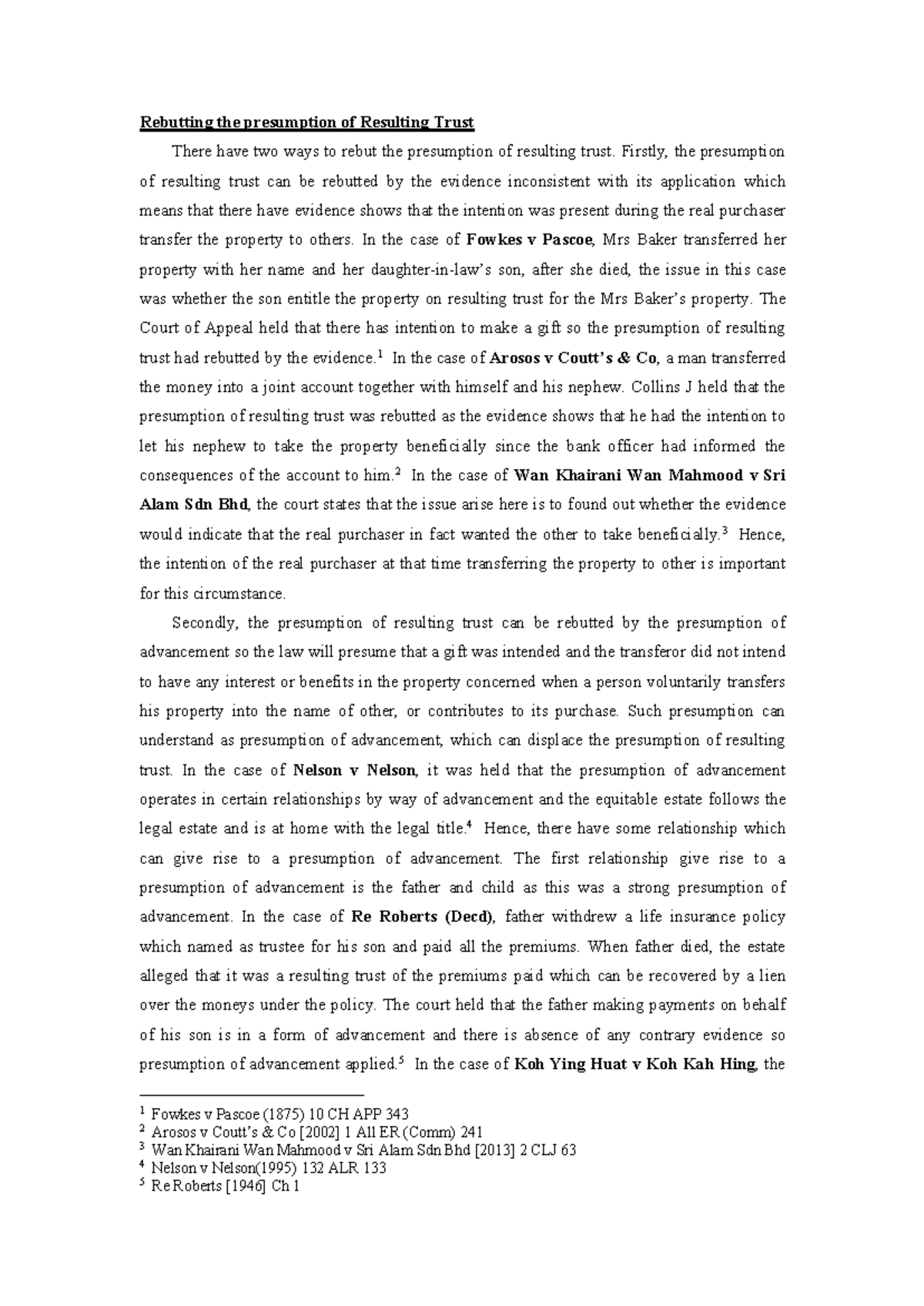 Rebutting Resulting Trust Presumption: Key Legal Case Analyses - Studocu
