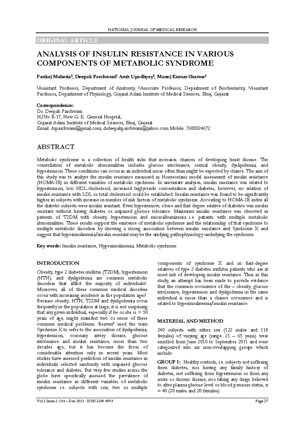 Analysis of Insulin Resistance in Metabolic Syndrome: NJMR Vol 1 Issue ...