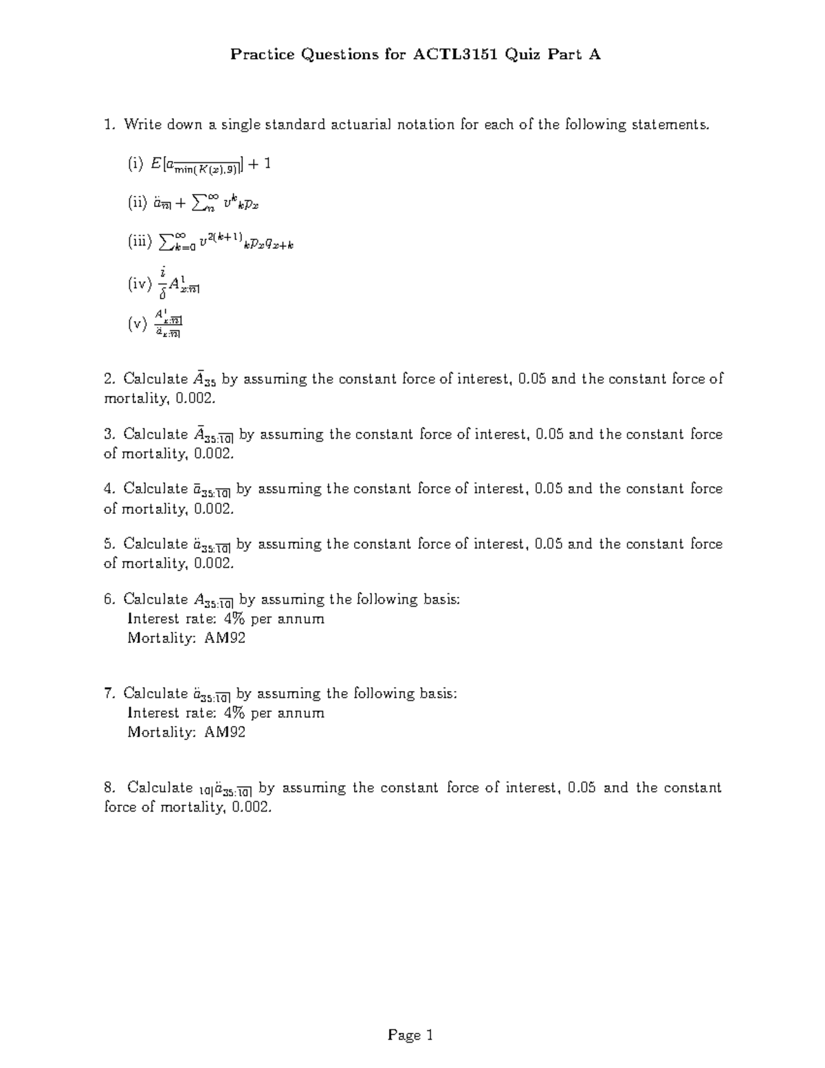 Practice Questions for ACTL3151 Quiz Part A: Actuarial Notation ...