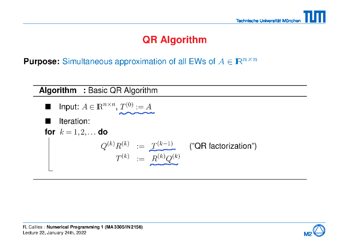 QR Algorithm notes - R. Callies : Numerical Programming 1 (MA 3305/IN ...