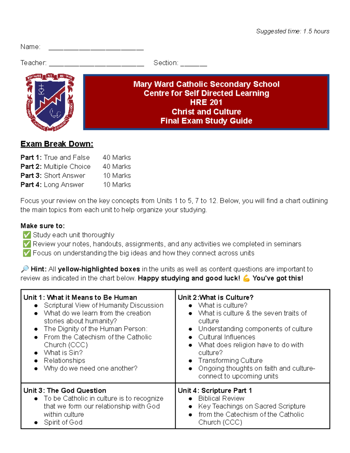 Final Exam Study Guide for HRE 201: Christ and Culture - Studocu
