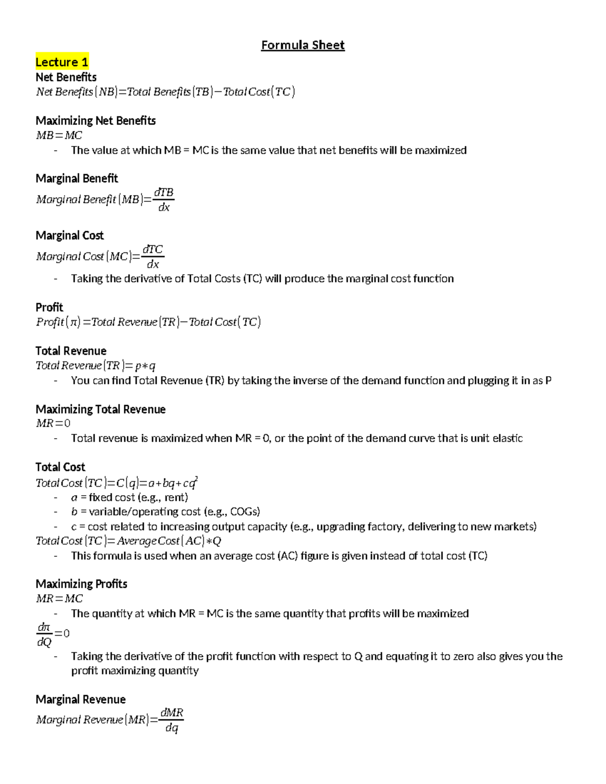 Formula Sheet Lecture 1 & 2: Net Benefits & Elasticity Concepts - Studocu