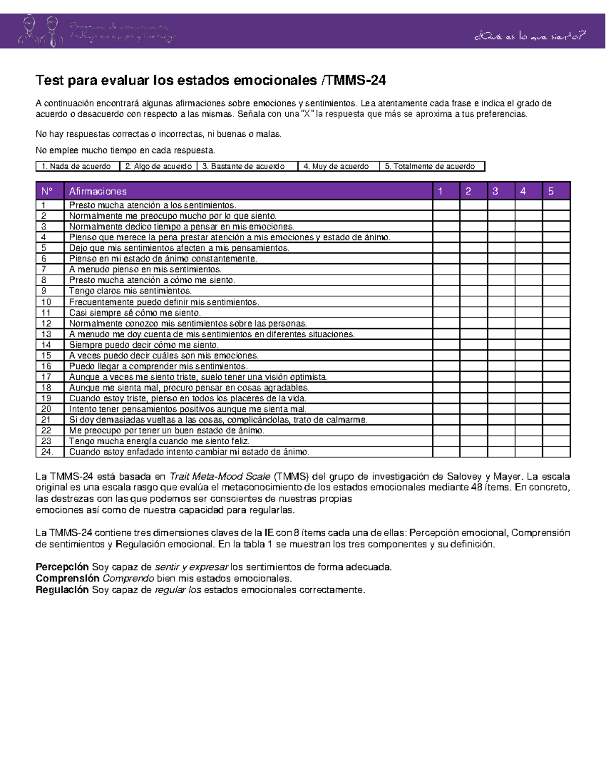Test para Evaluar Estados Emocionales - TMMS - Document Preview