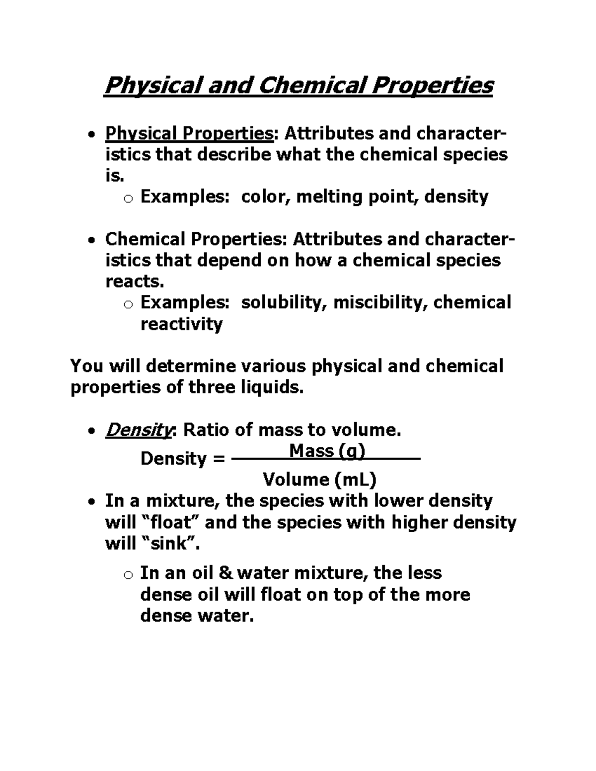 Experiment 1: Determining Physical and Chemical Properties of Liquids ...