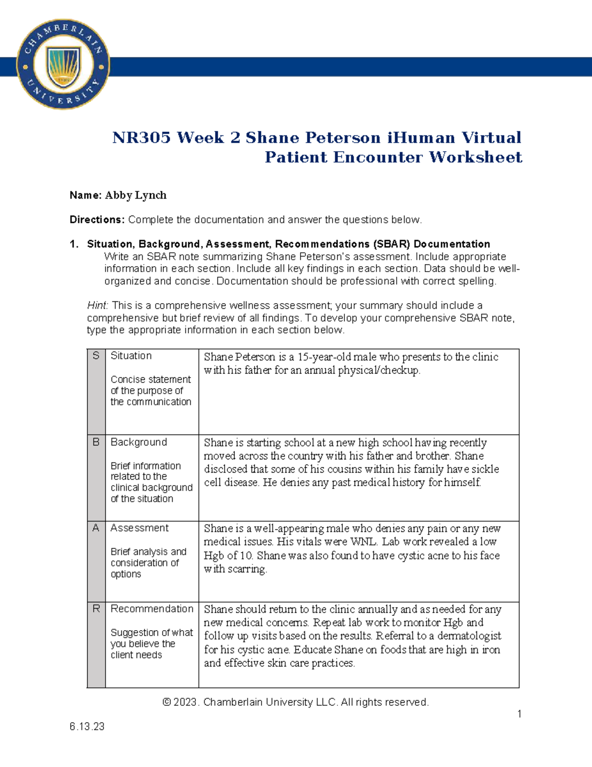NR305 Week 2 iHuman Virtual Patient Encounter: Shane Peterson Worksheet ...