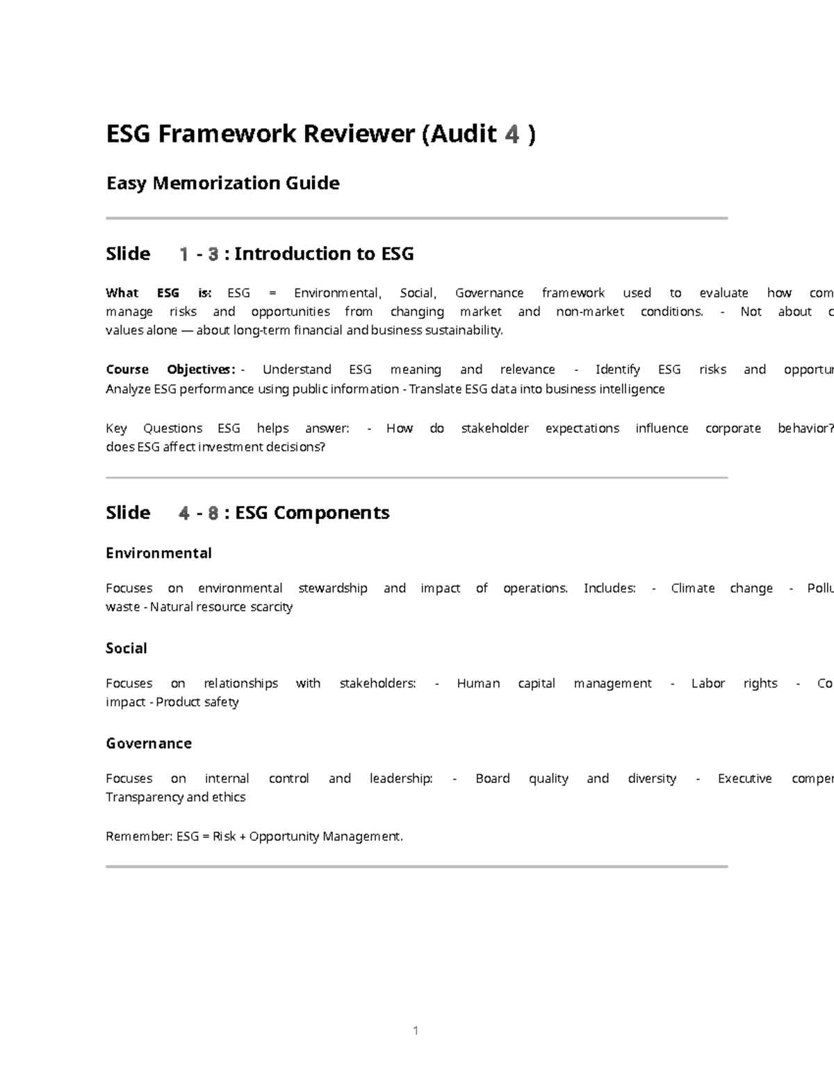 ESG Framework Review Notes (Audit4) - Easy Memorization Guide - Studocu