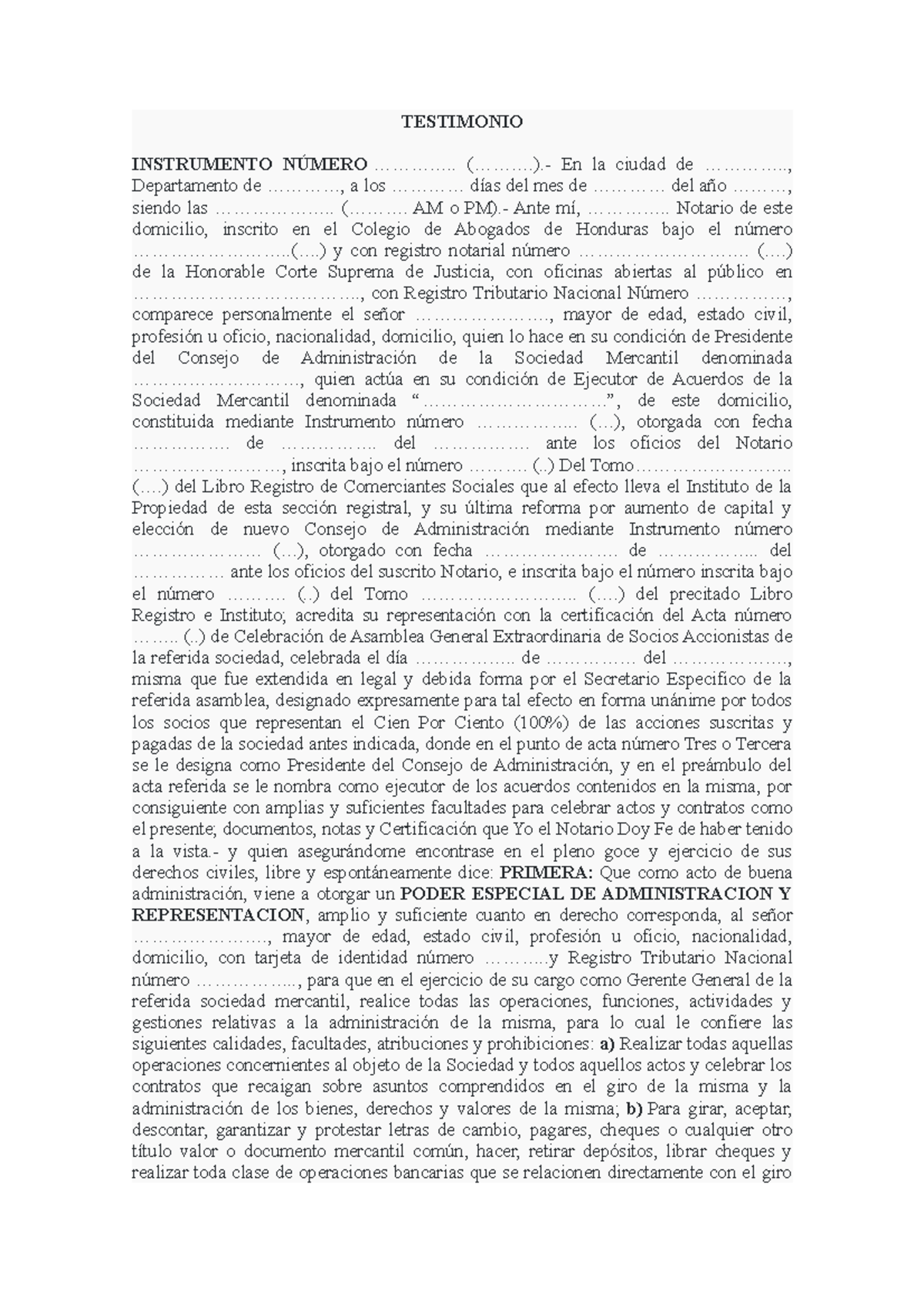 Poder General de Administración y Representación Notarial en Honduras ...