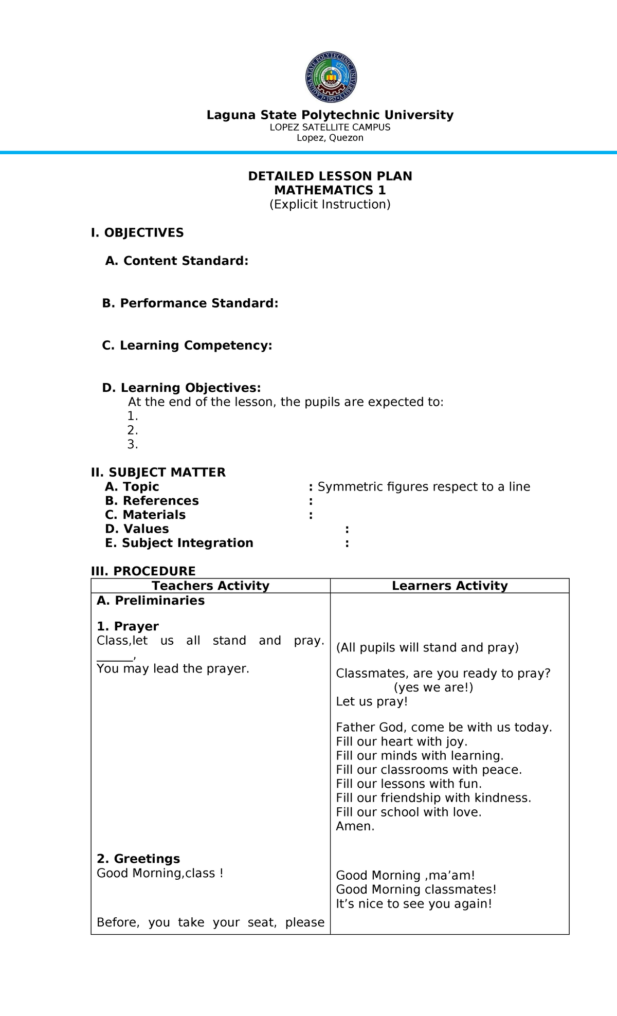 MATH 1 Detailed Lesson Plan: Symmetry & Explicit Instruction - Studocu