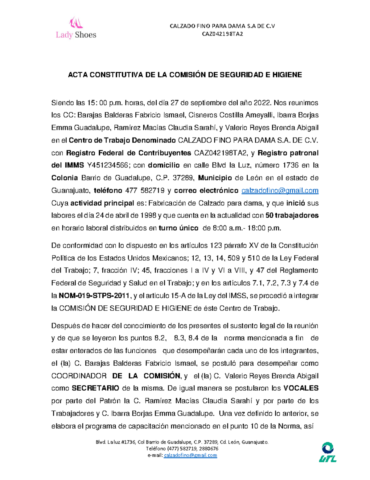ACTA CONSTITUTIVA DE LA COMISIÓN DE SEGURIDAD E HIGIENE CAZ042198TA2 ...