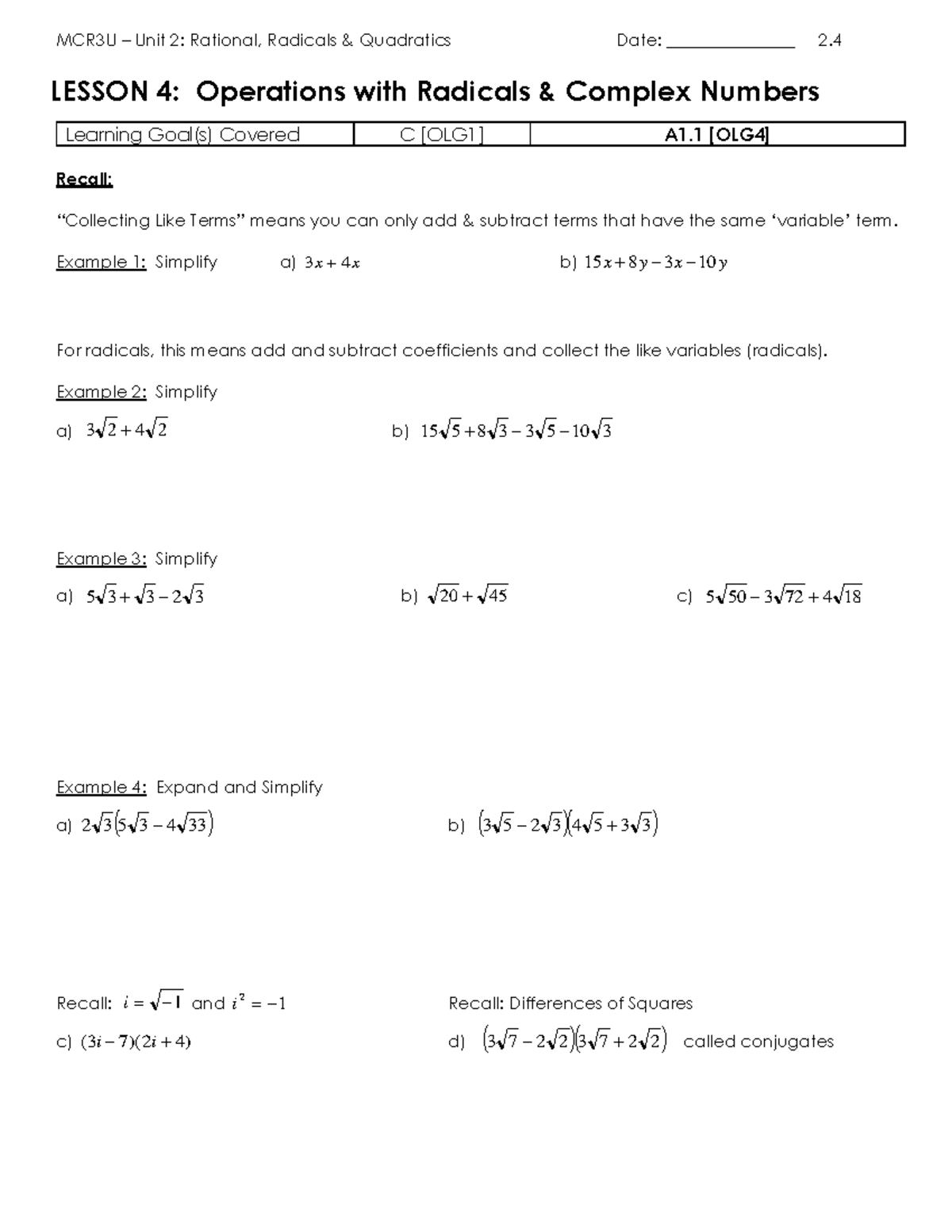 MCR3U Unit 2: Lesson 4 - Operations with Radicals & Complex Numbers ...