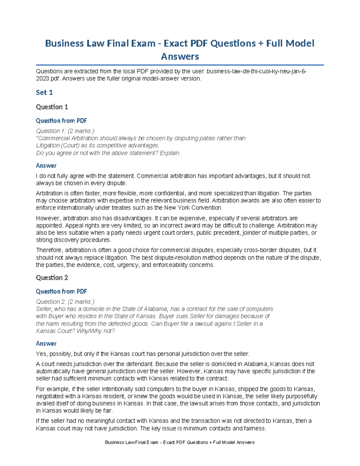 Business Law (BL 101) Final Exam Model Answers and Analysis - Studocu
