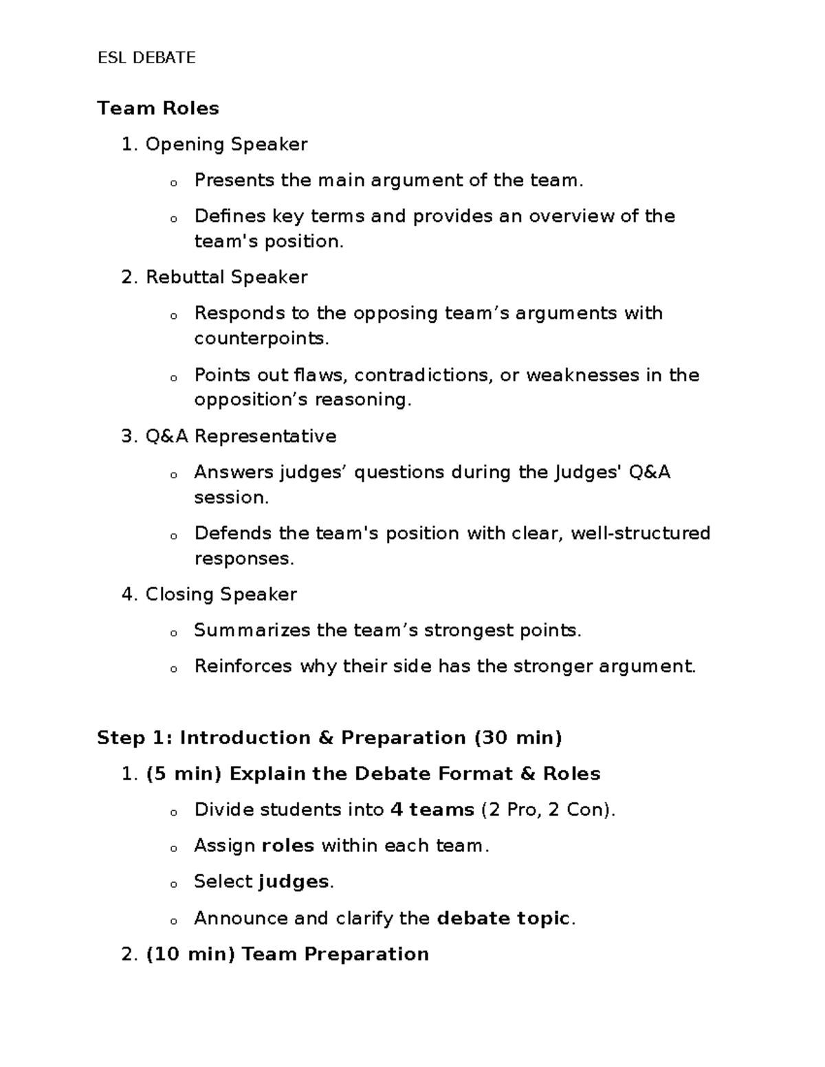 ESL DEBATE Team Roles and Preparation Guide - Studocu