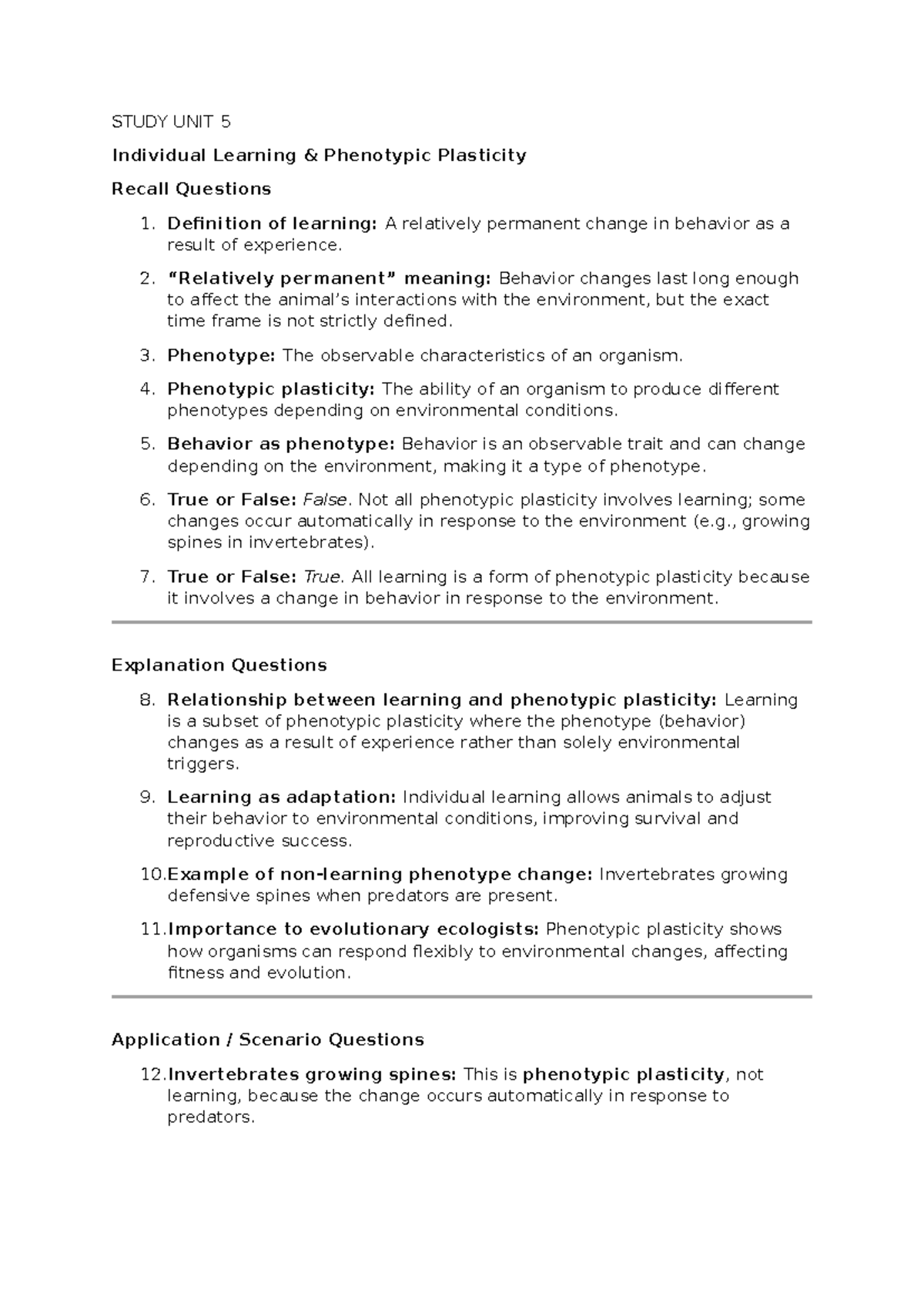 STUDY UNIT 5: Phenotypic Plasticity & Learning Summary Questions - Studocu