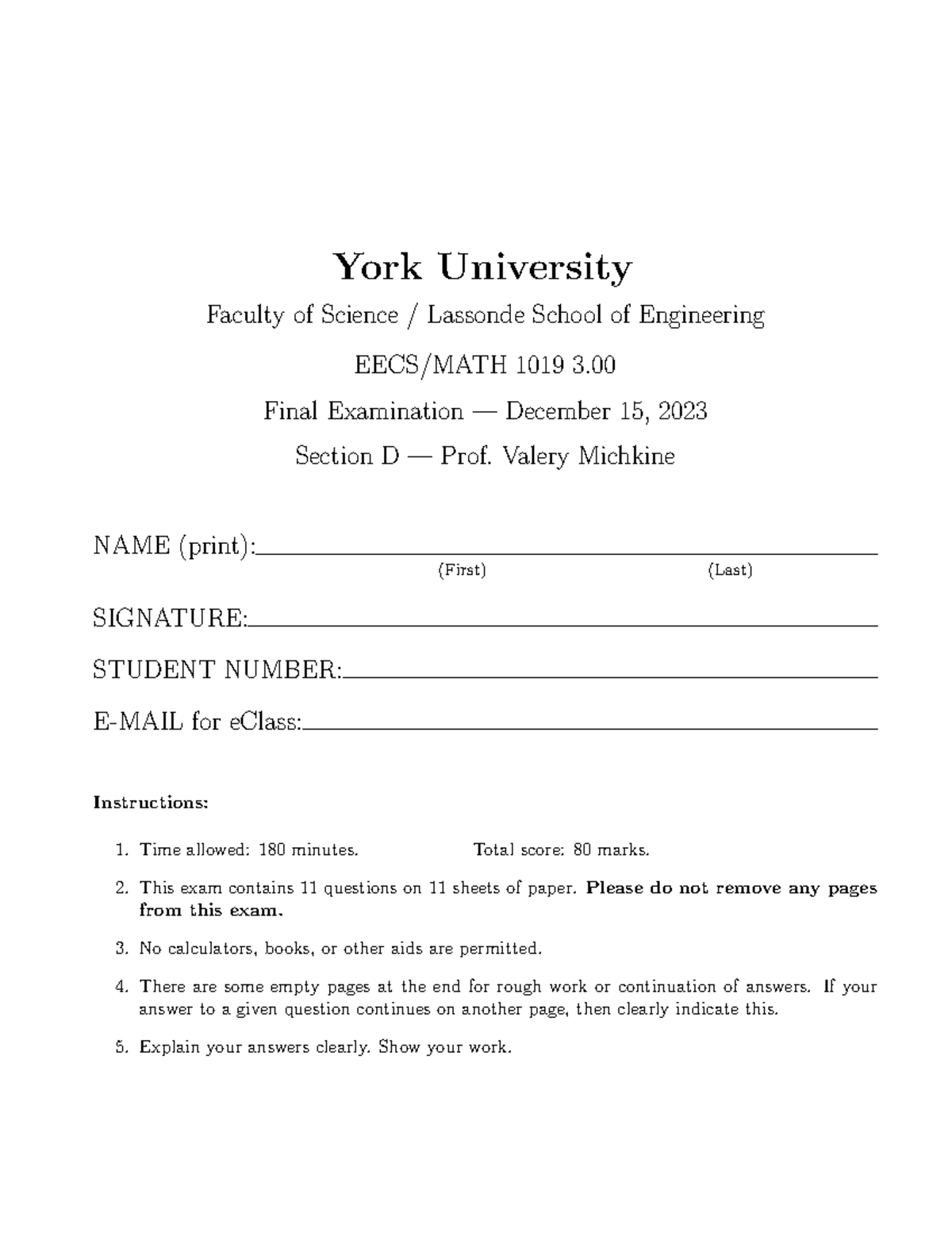 EECS/MATH 1019 F 23 - Final Exam Practice & Review Guide - Studocu