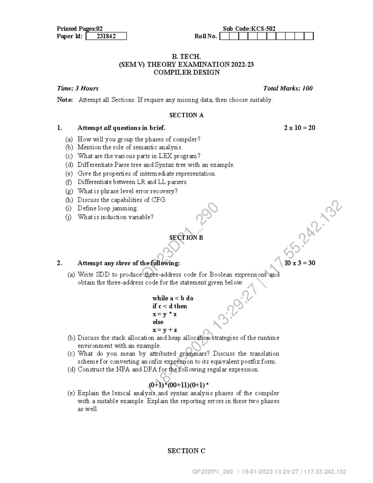 KCS502 - Compiler Design Theory Exam Notes for BTECH SEM V - Studocu