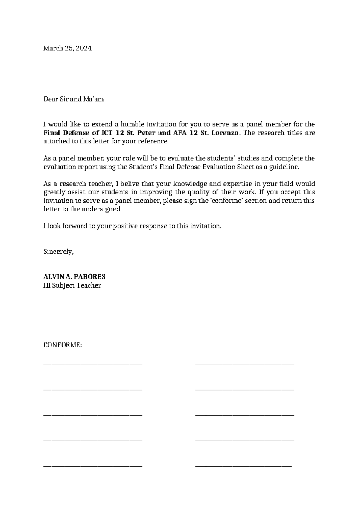 Invitation Letter for Panelists: Final Defense for ICT 12 & AFA 12 ...