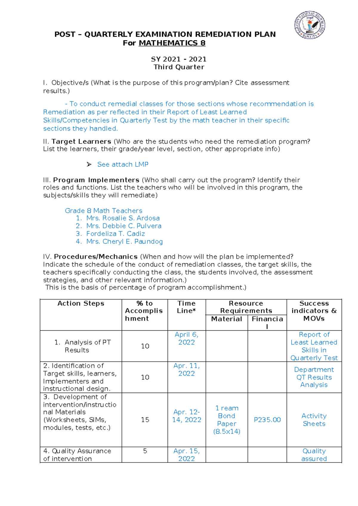 Q3 Remediation Plan for Mathematics 8 - Post Quarterly Exam 2021 - Studocu