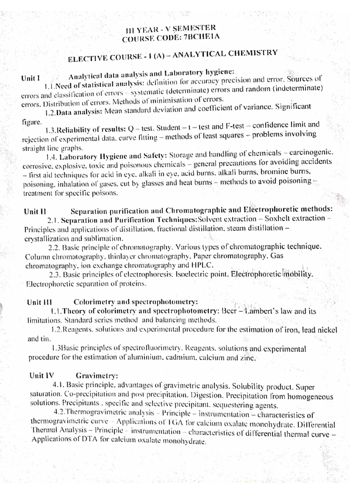Analytical chemistry Notes - YEAR V SEMESTER COURSE CODE: 7BCHE1A ...