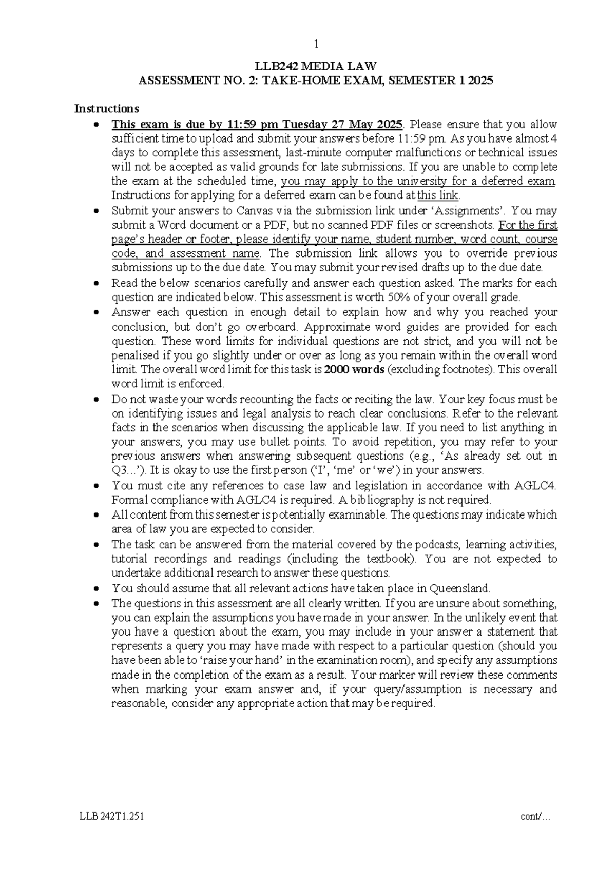 LLB242 Media Law Take Home Exam: Assessment No. 2, Semester 1 2025 ...