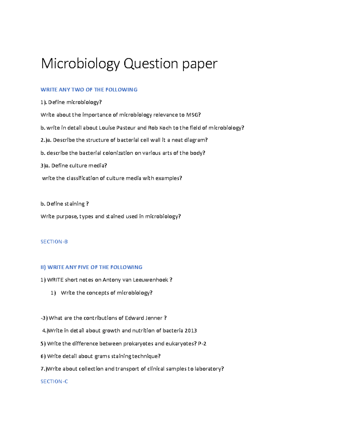 Microbiology Important Questions FOR Nursing-1 - Microbiology Question ...