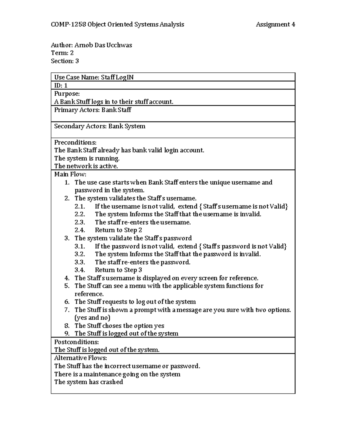COMP-1258 Assignment 4: Use Case for Staff Login in Banking System ...