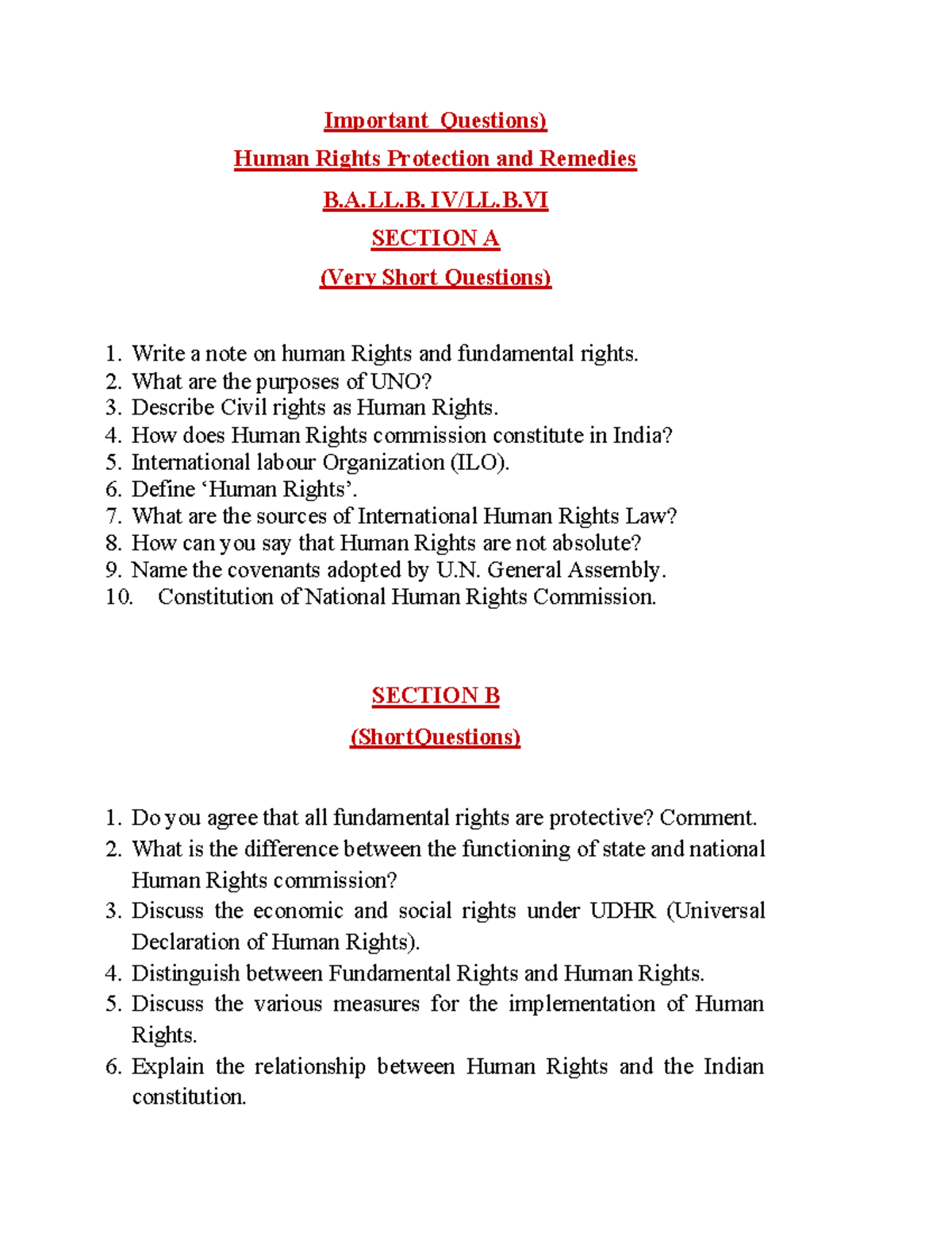 Human Rights Protection & Remedies: Important Questions B.A.LL.B. - Studocu