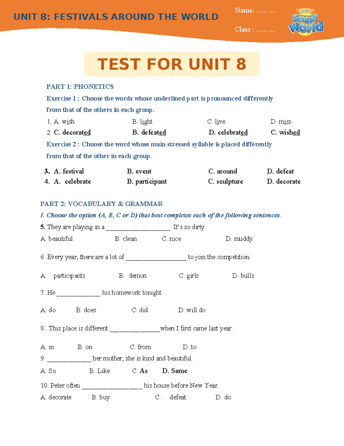 TEST FOR UNIT 8: FESTIVALS AROUND THE WORLD - PHONETICS & VOCABULARY ...