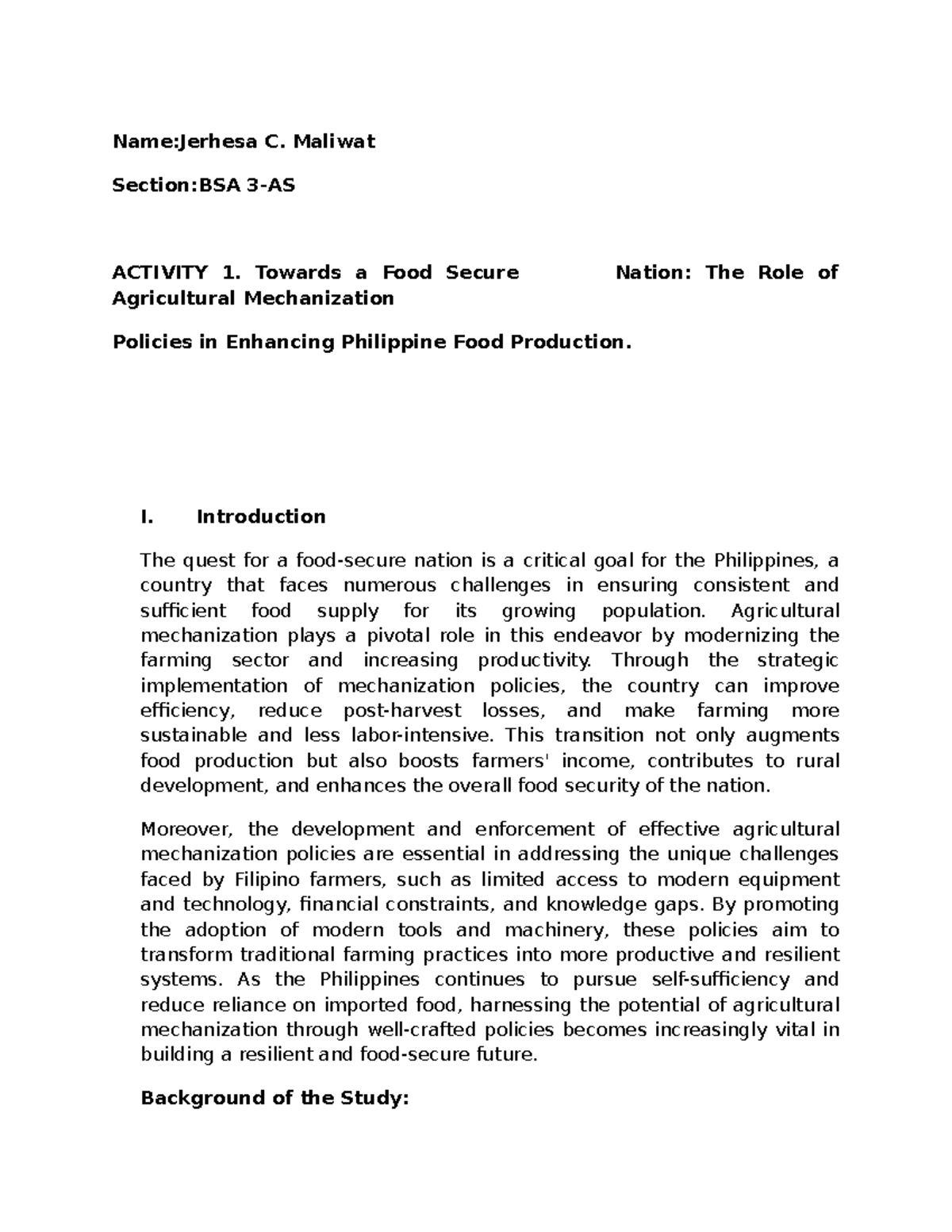 BSA ACTIVITY 1: Enhancing Food Security through Agricultural ...
