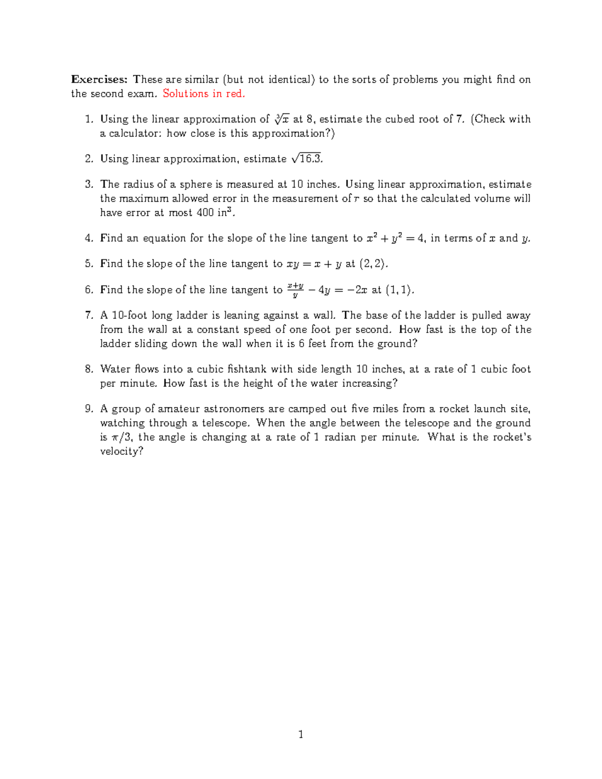 Midterm 2 Study Problems: Linear Approximations & Tangent Lines - Studocu