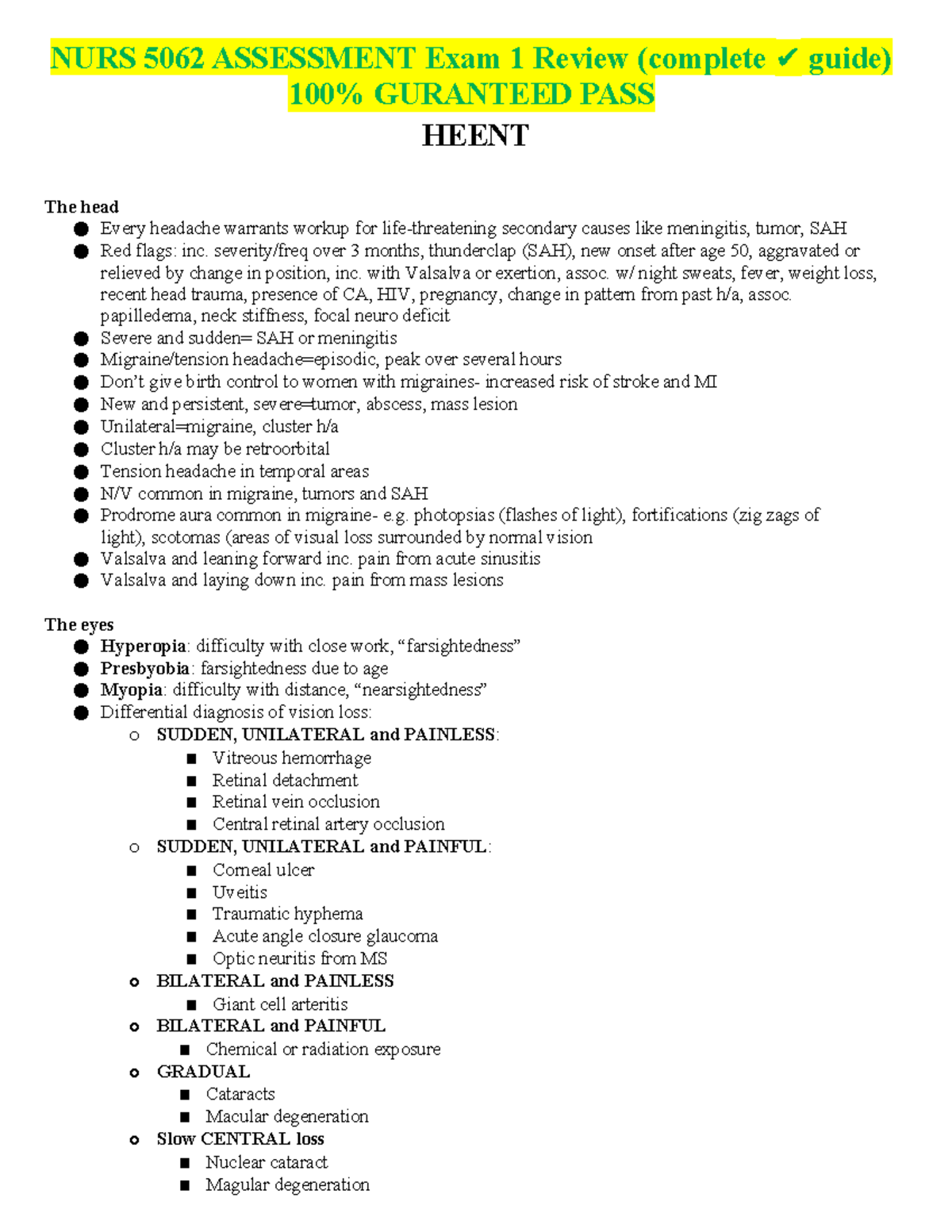 NURS 5062 Assessment Exam 1 Review: Comprehensive Study Guide - Studocu