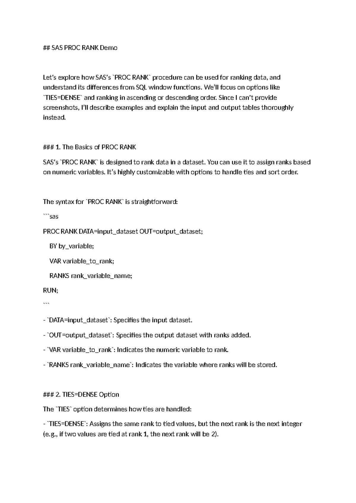 SAS PROC RANK Demo: Ranking Data with Examples and Options - Studocu