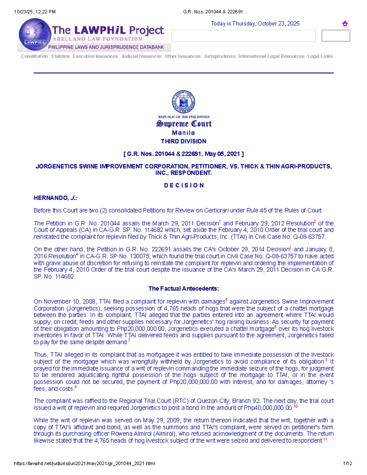 G.R. Nos. 201044 & 222691: Jurisdiction Issues in Replevin Case - Studocu