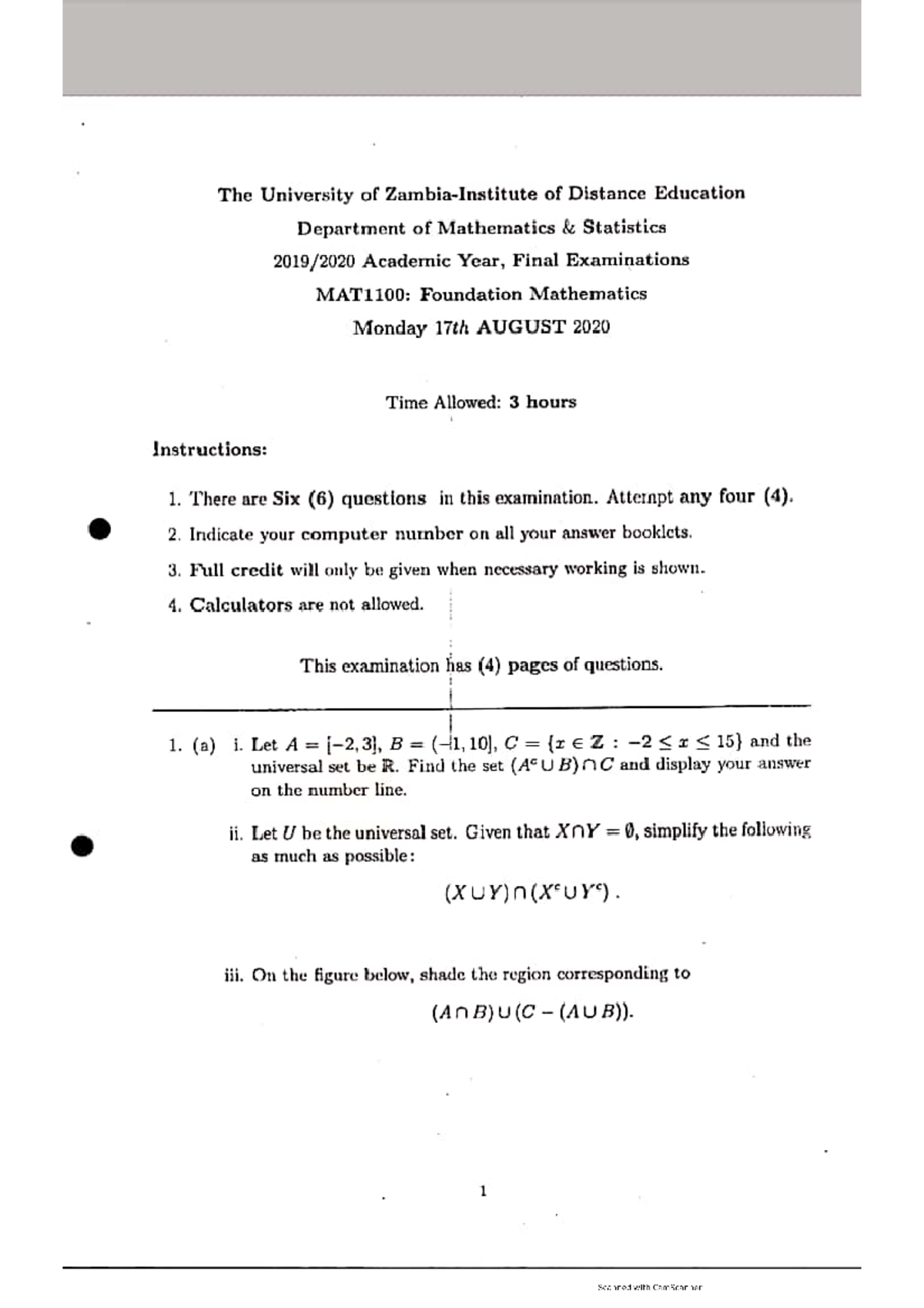 MAT 1100 2020 - Final Exam Past Papers and Solutions in Foundation Math ...