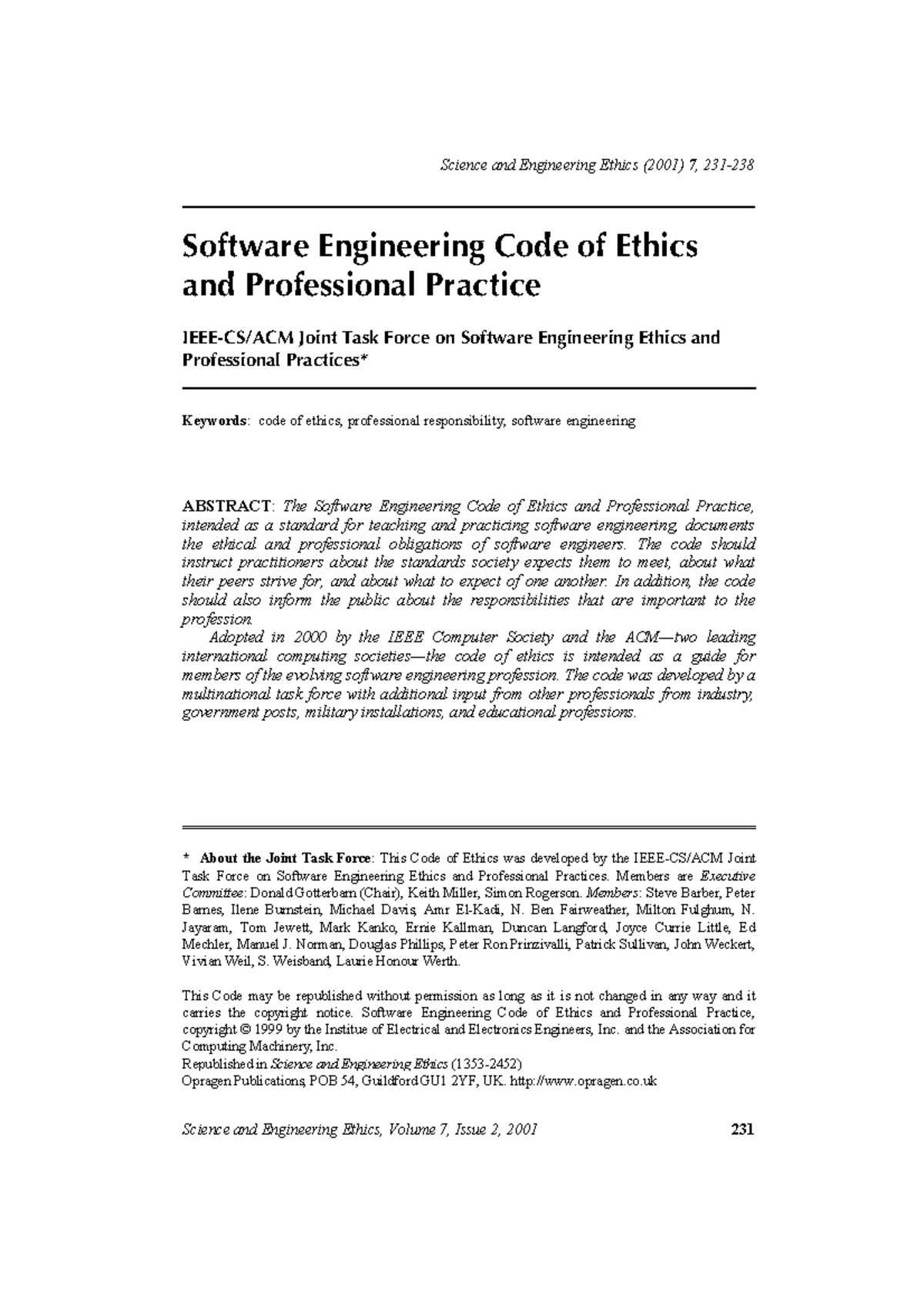 Software Engineering Code of Ethics - SEE 2001 Overview - Studocu