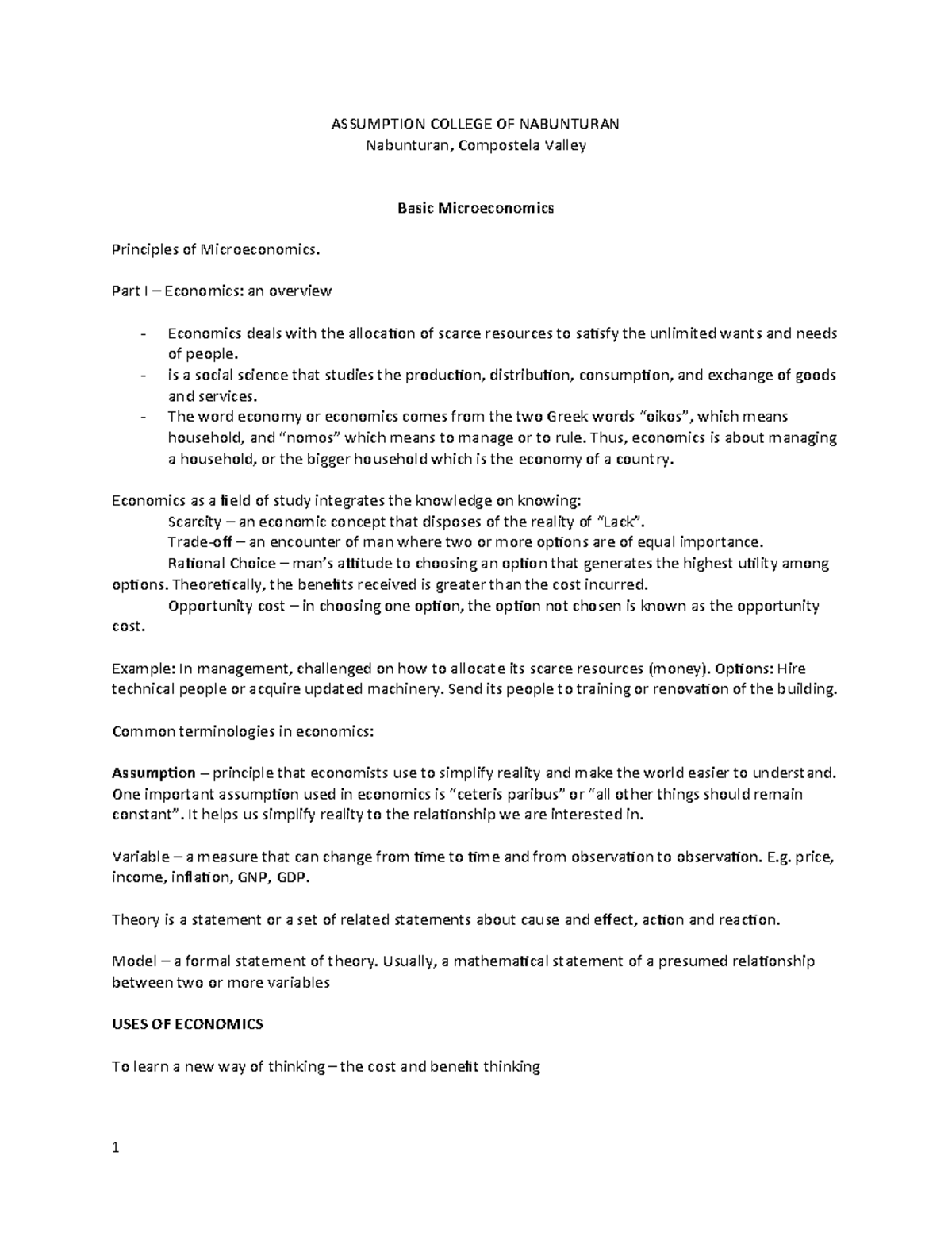 Basic Microeconomics (ECO 101) Lecture Notes: Key Concepts and Theories ...