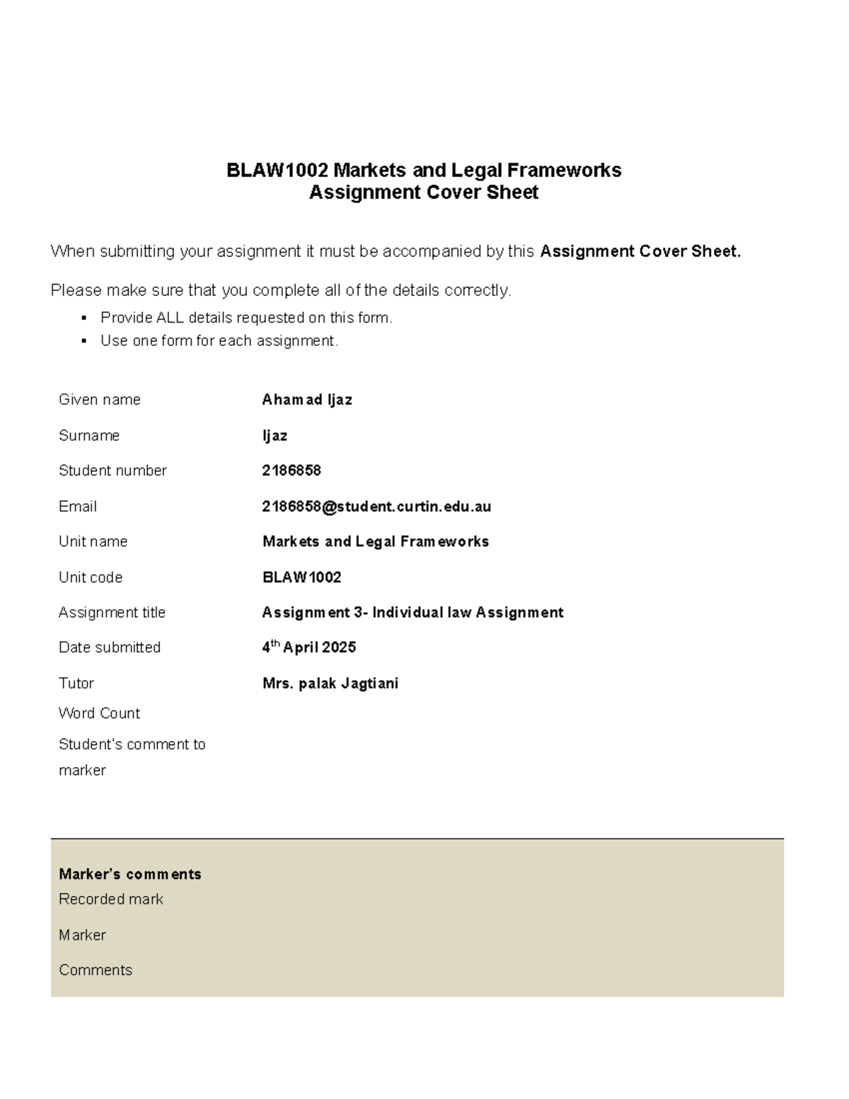BLAW1002MLF Assignment cover sheet - BLAW1002 Markets and Legal ...