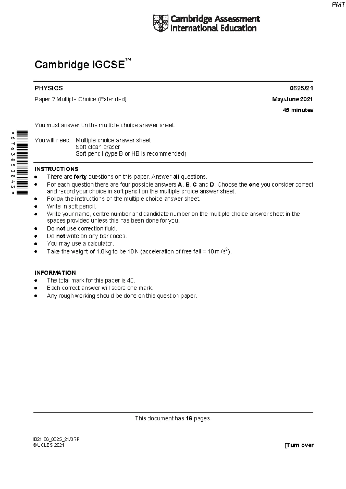 Cambridge IGCSE PHYSICS Paper 2 MCQ (Extended) June 2019 - Studocu