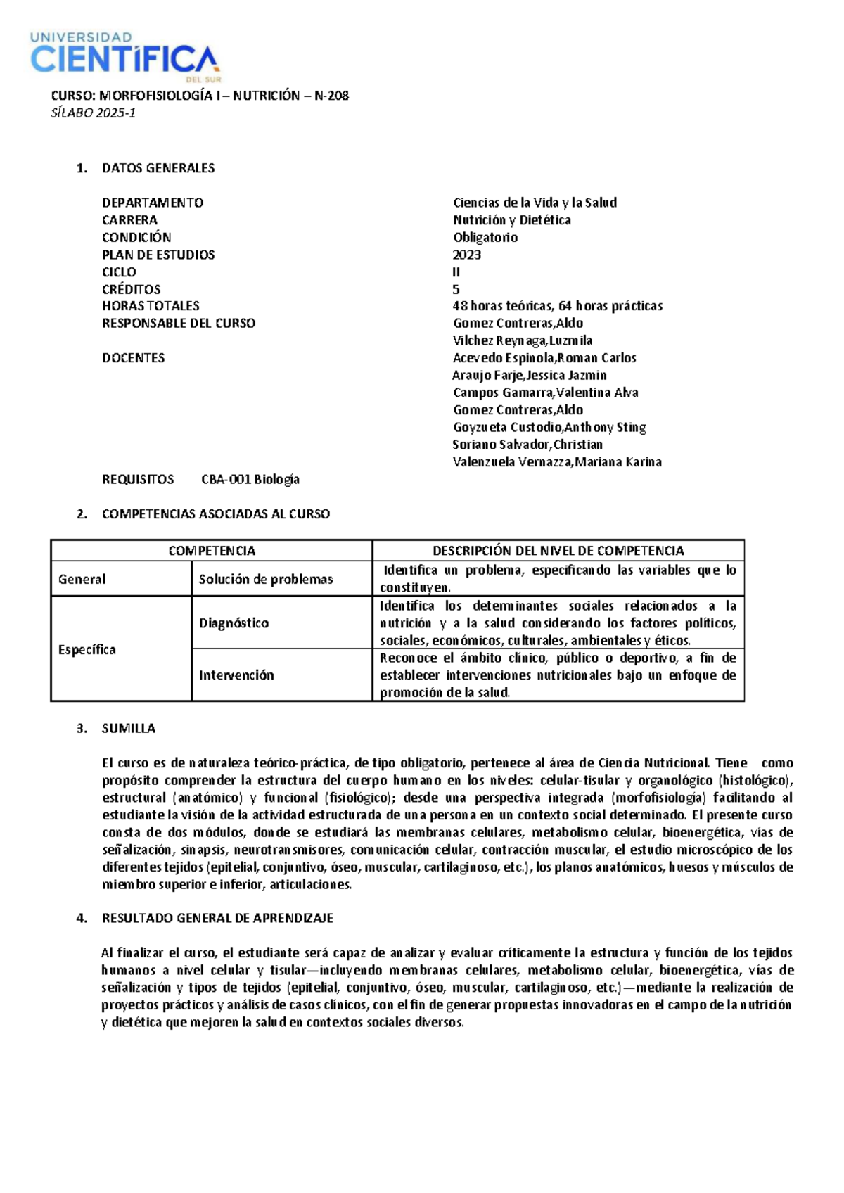 MORFOFISIOLOGÍA I NUTRICIÓN: SÍLABO Y CONTENIDOS 2023 II - Document Preview