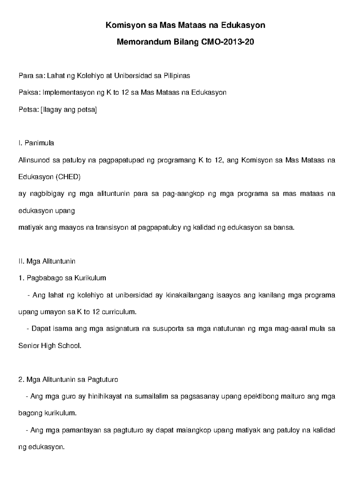 Memorandum Filipino - Komisyon sa Mas Mataas na Edukasyon Memorandum ...