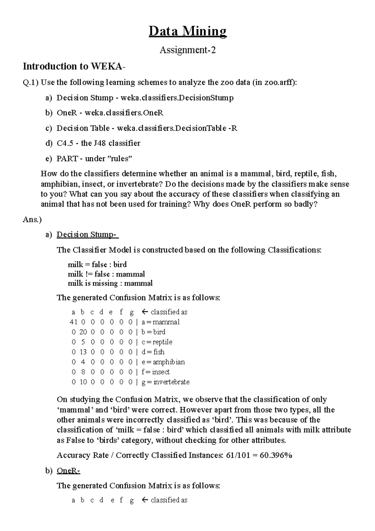 Data Mining Assignment 2: Classifier Analysis of Zoo and Bolts Data ...