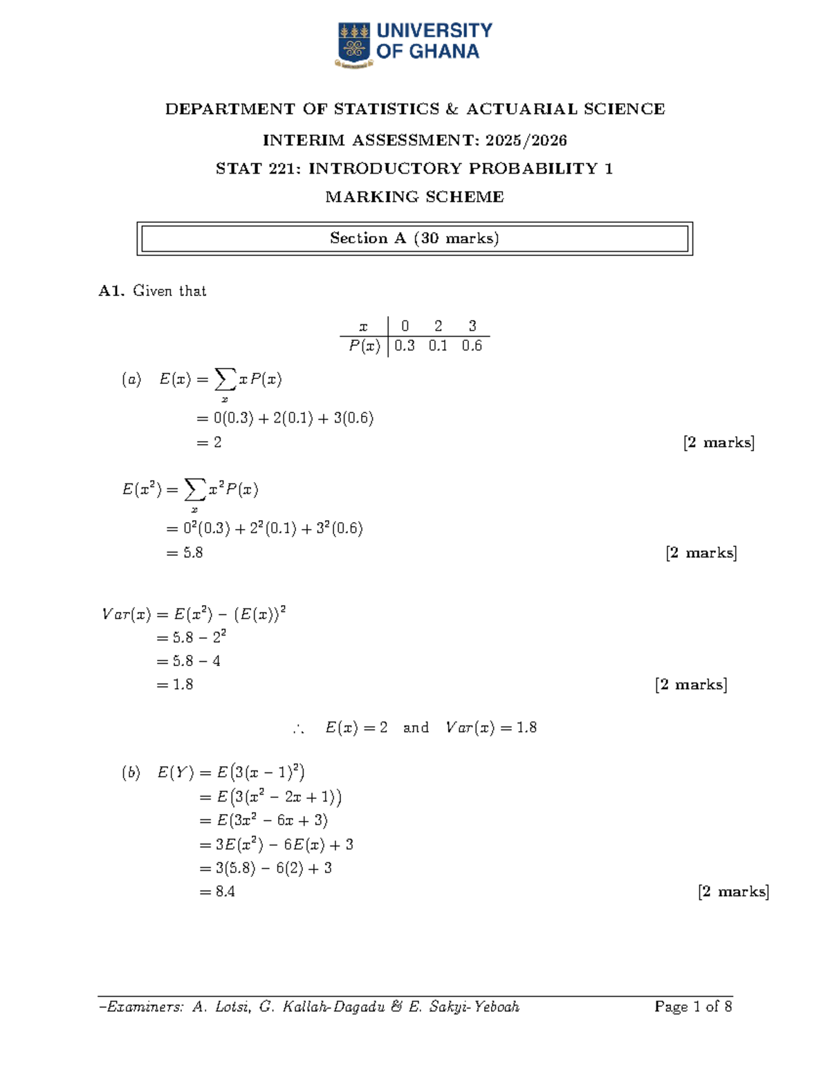 STAT 221: Introductory Probability Interim Assessment Marking Scheme ...