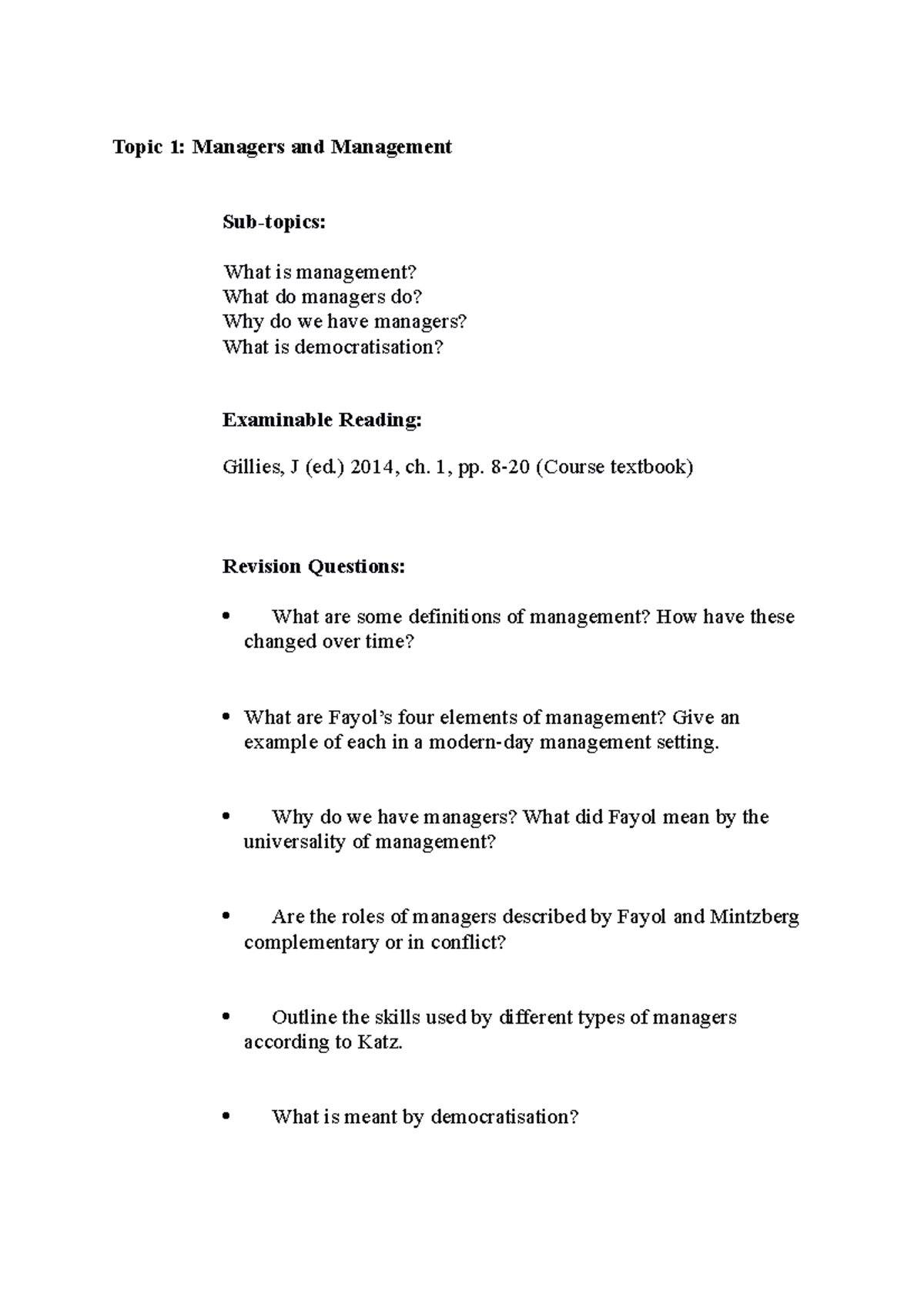 Lecture Notes: Topic 1 - Managers & Management Revision Qs (Course Code ...