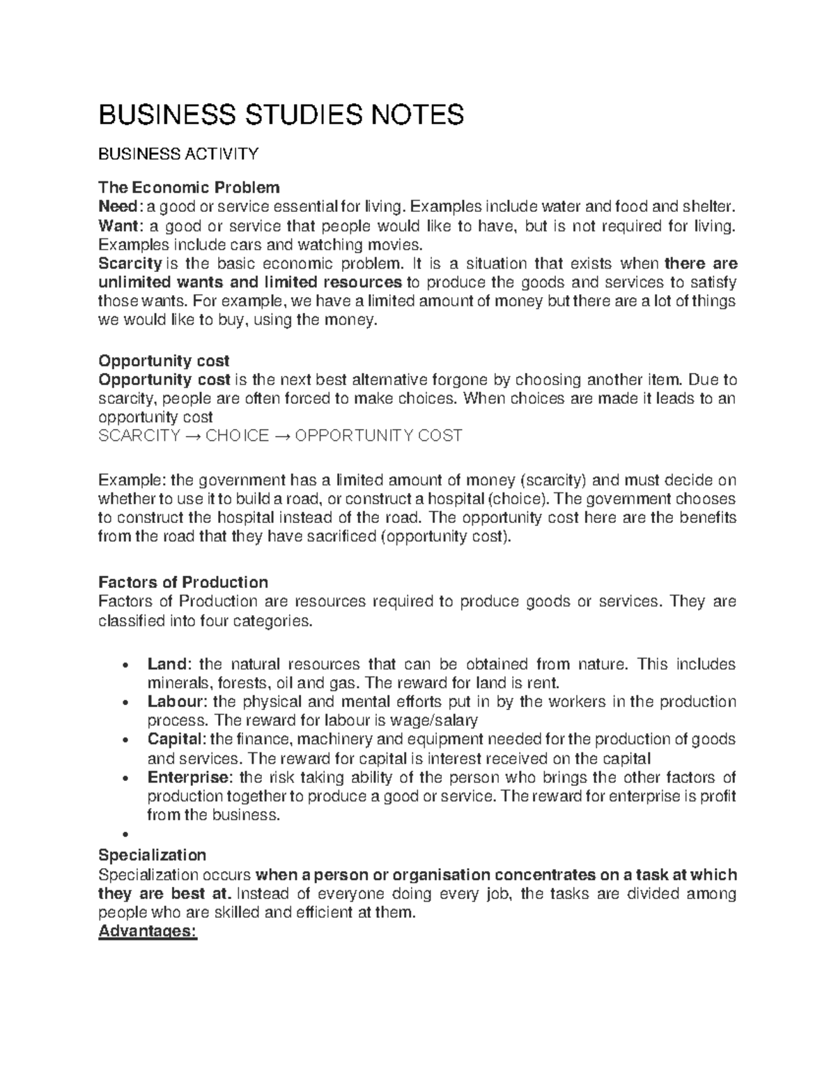 BUSINESS STUDIES NOTES: ECONOMIC PROBLEMS & BUSINESS ACTIVITY - Studocu