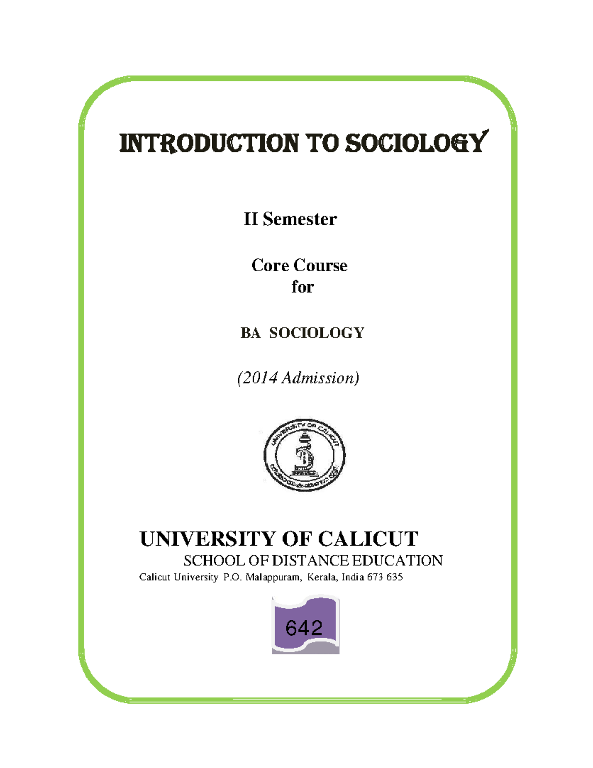 BA SOCIOLOGY II Sem Core Course: Introduction to Sociology Study ...