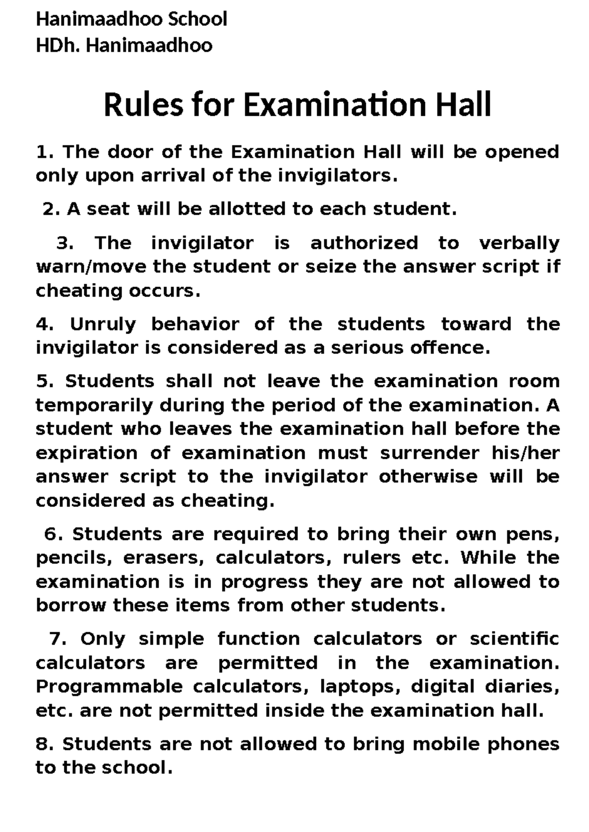 HDh. Hanimaadhoo exam rules and regulations for students - Studocu