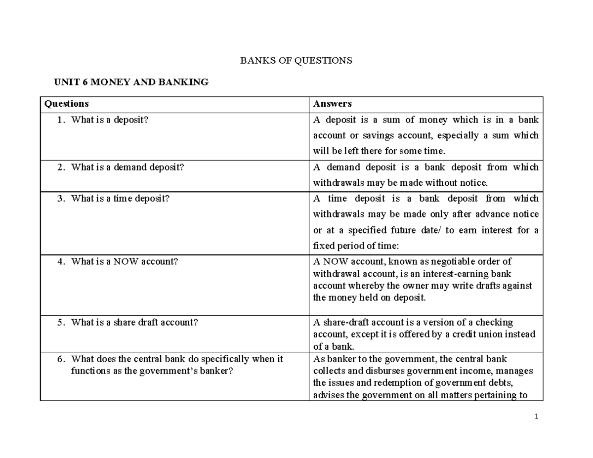 BANKS OF QUESTIONS UNIT 6: MONEY AND BANKING Insights and Answers - Studocu