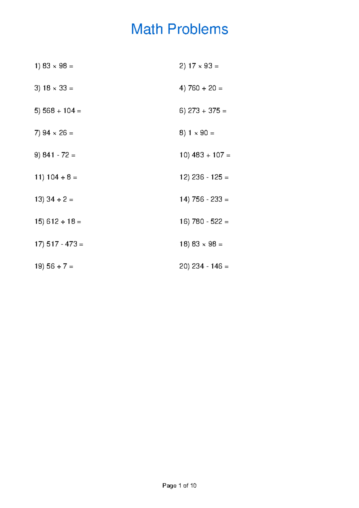Math Problem Set with Solutions - 83 Questions to Review - Studocu