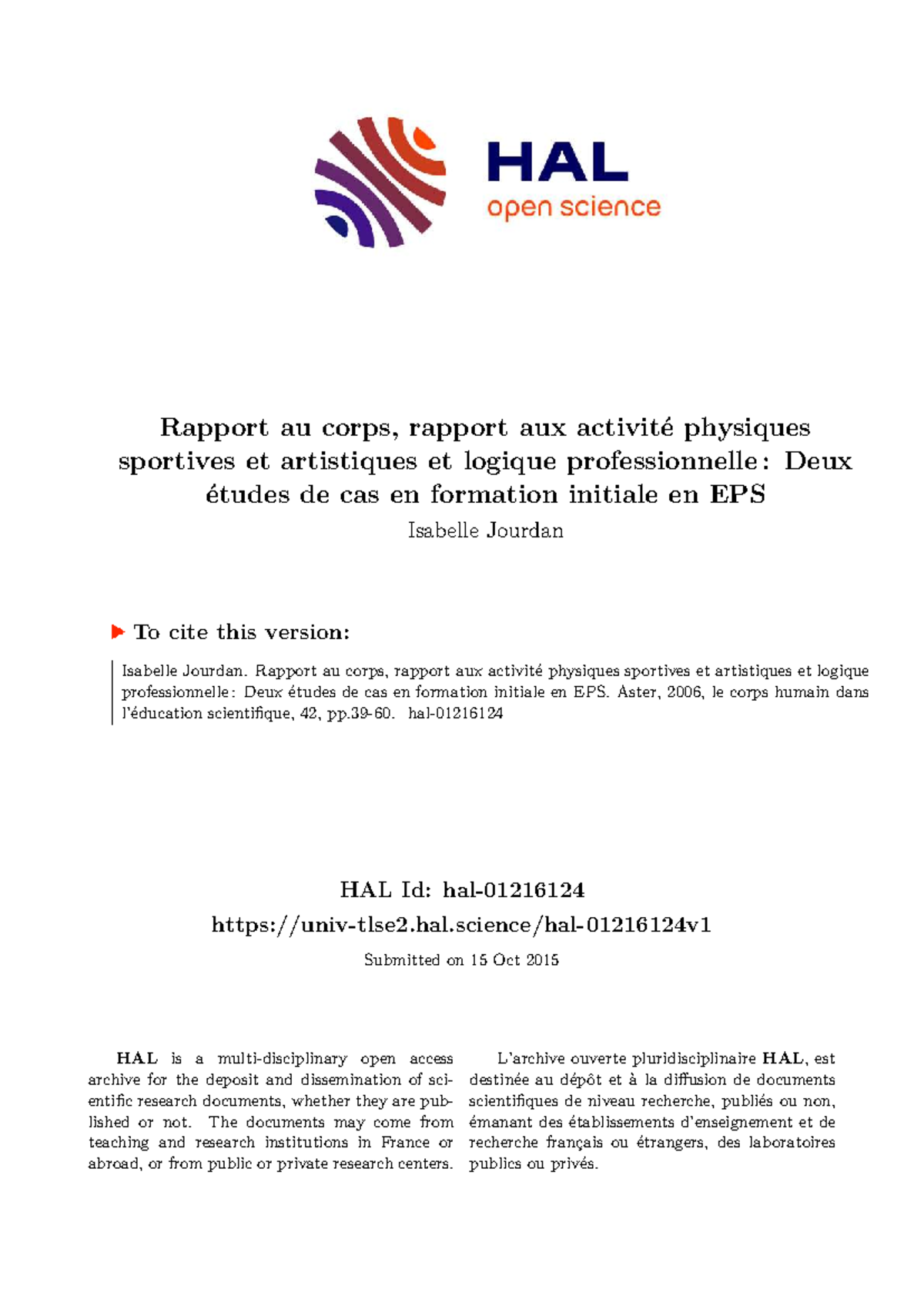 Étude de cas en EPS : Rapport au corps et APSA en formation initiale ...