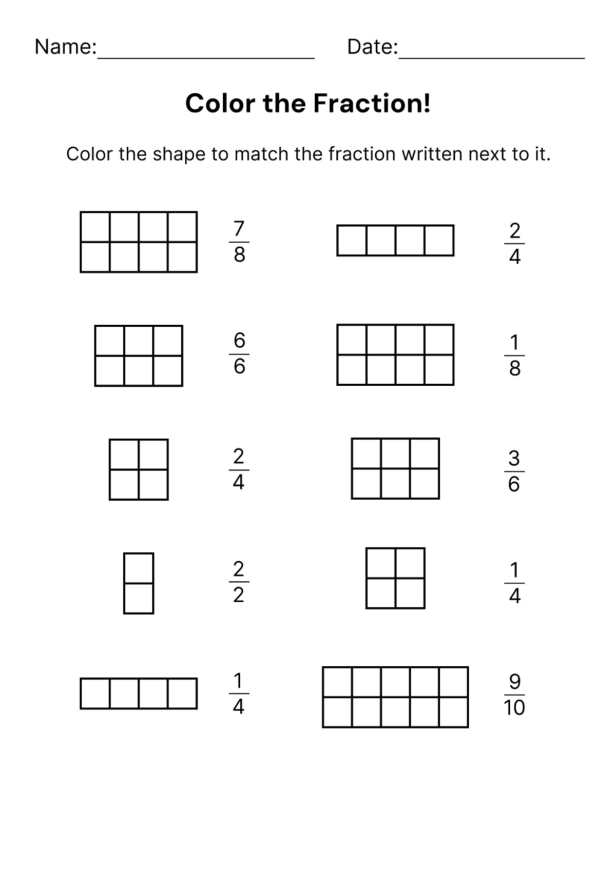 Color the Fraction Worksheet – Version 2 - Name: Date: Color the ...